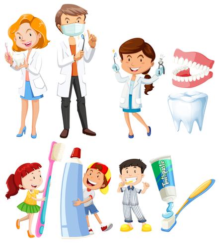 Dentista y niños cepillándose los dientes. vector