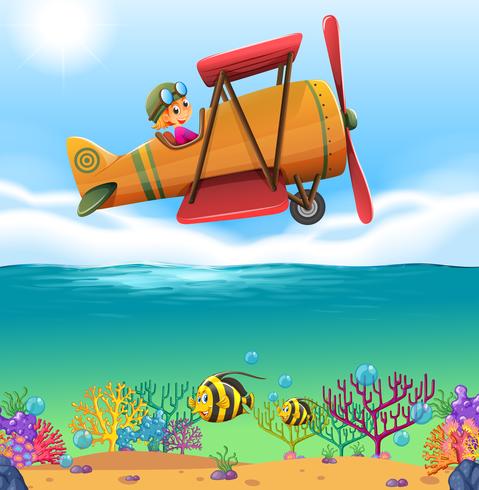 Girl flying airplane over the ocean vector