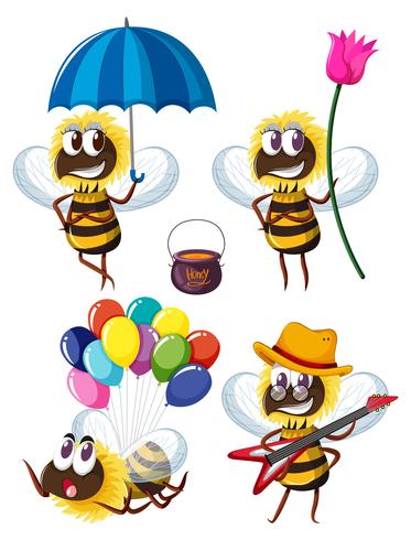 Bee characters in different actions vector
