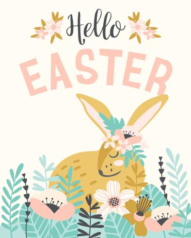 Felices Pascuas. Plantilla de vector con bunnie de Pascua para tarjeta, cartel, folleto y otros usuarios