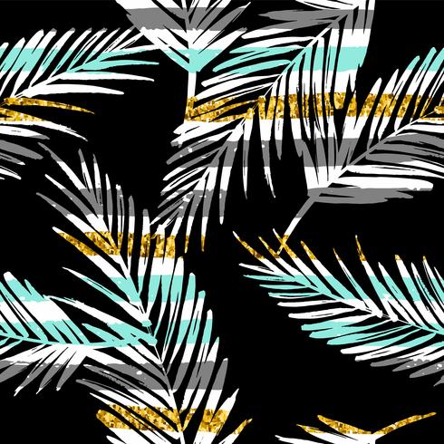 Seamless exotic pattern with palm leaf silhouettes. Gold glitter texture. vector