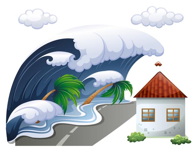 Escena del tsunami con grandes olas y casa. vector