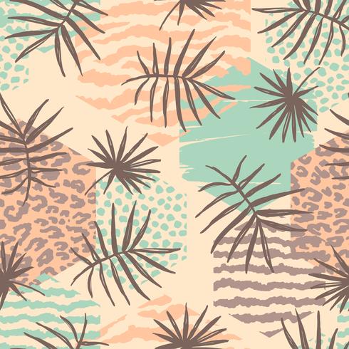 Abstract seamless pattern with animal print, tropical plants and geometric shapes. vector