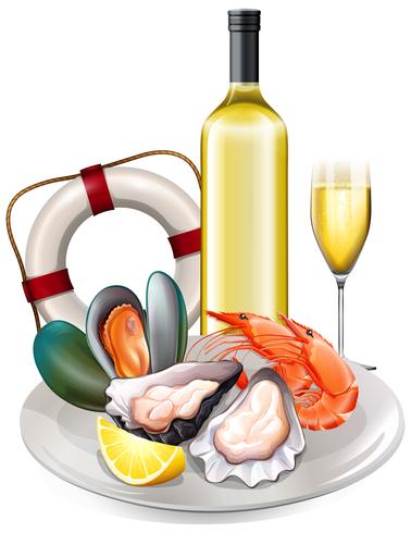 Comida de marisco con vino blanco. vector