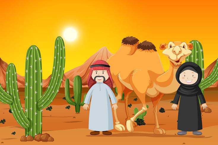 Camel and two muslim people vector