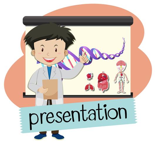 Wordcard for presentation with boy presenting in science class vector