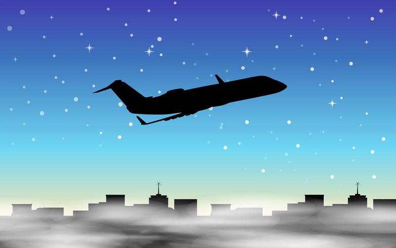 Silhouette scene with airplane flying in foggy sky vector