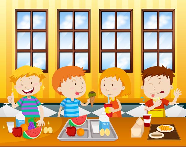 Niños comiendo en una cafetería. vector