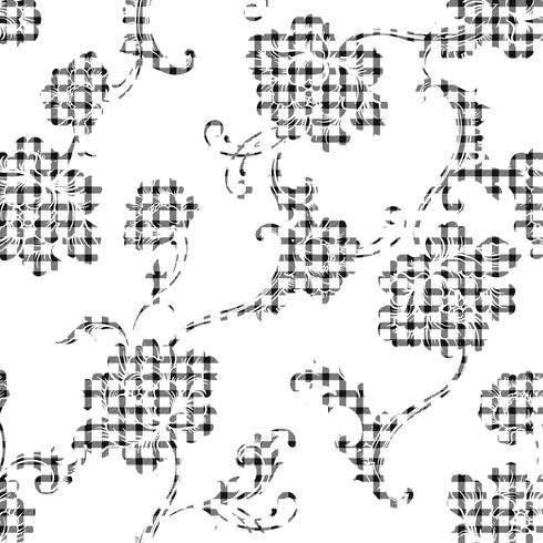 Eclectic fabric plaid seamless pattern with baroque ornament. vector