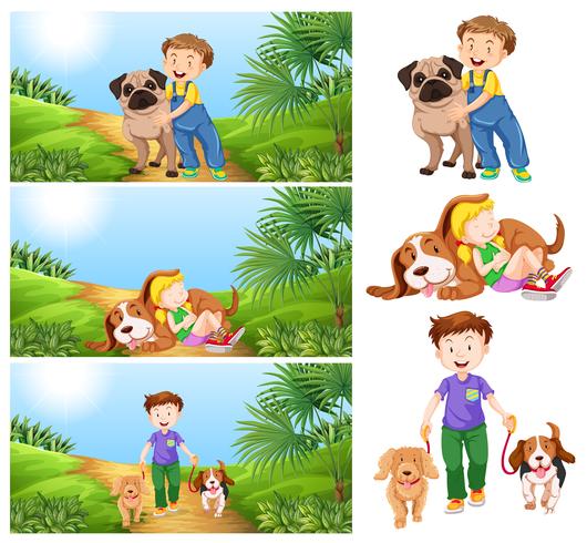 Niño y niña con perros vector