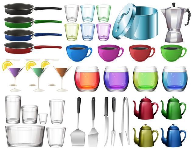 Juego de utensilios de cocina con vasos. vector