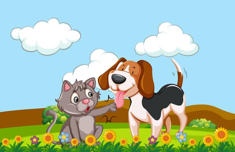 Un perro y un gato en un jardín. vector