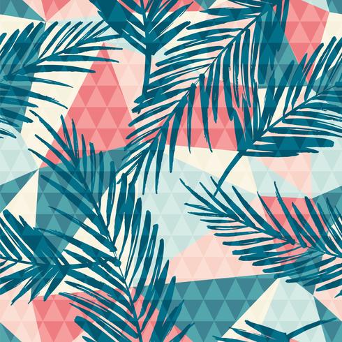 Trendy seamless exotic pattern with palm and geometric elements. vector