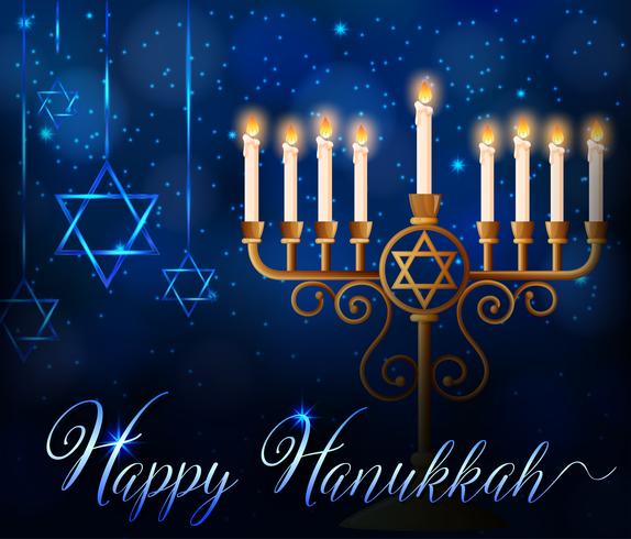 Plantilla de tarjeta de feliz Hanukkah con luces en palos y símbolo de estrella vector