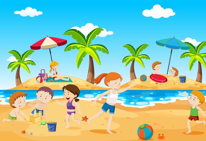 Niños jugando en la playa en verano vector