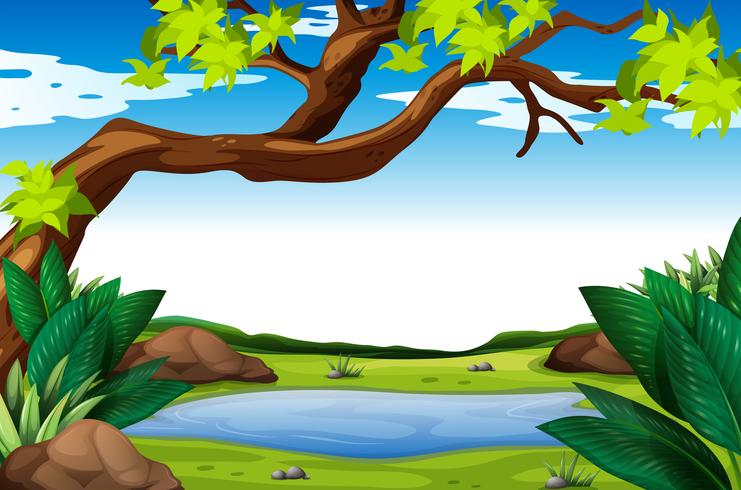 Escena de la naturaleza con arbol y estanque vector