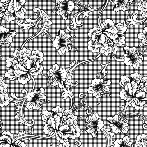 Eclectic fabric plaid seamless pattern with baroque ornament. vector
