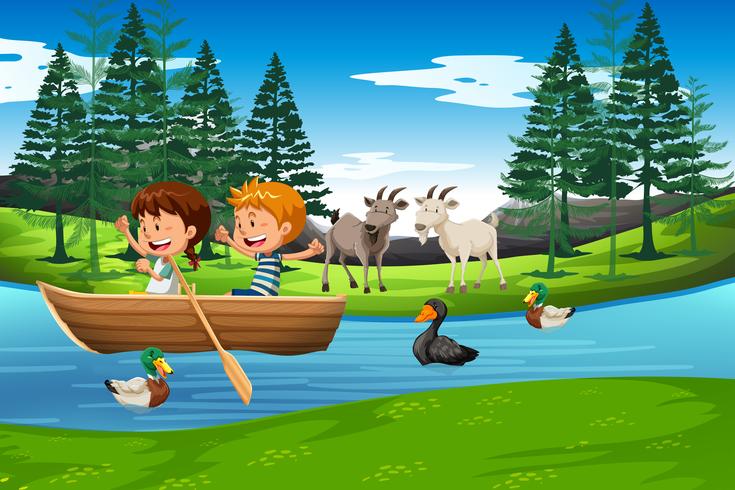 Kids in a boat scene vector