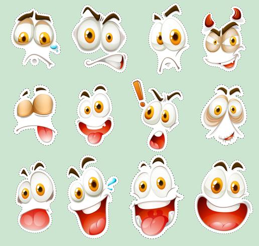 Sticker set with facial expressions on blue vector