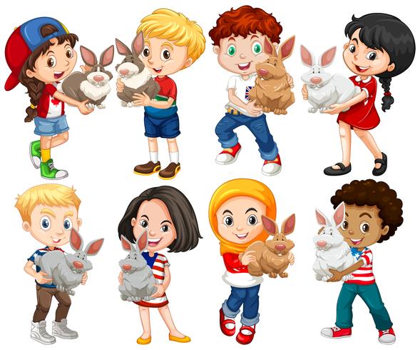 Boys and girls with rabbit pet vector