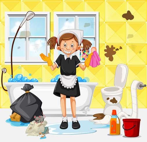 A Maid Cleaning Dirty Bathroom vector