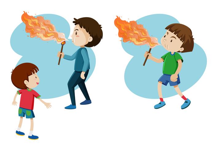 Boys blowing fire on stick vector