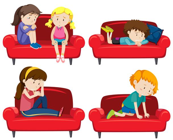 Set of depressed kids on couch vector