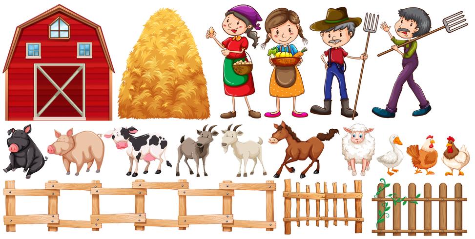 Agricultores y animales de granja. vector