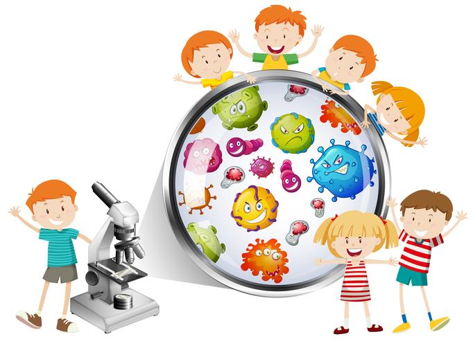 Niños mirando bacterias del microscopio. vector