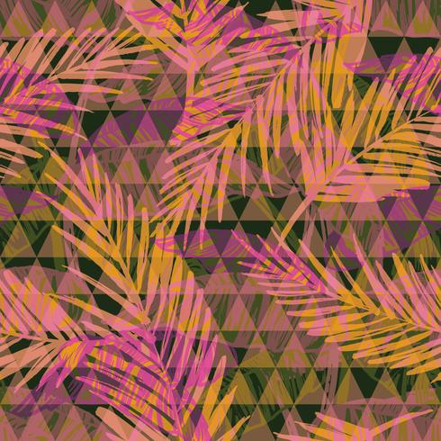 Seamless exotic pattern with palm on geometric background. vector