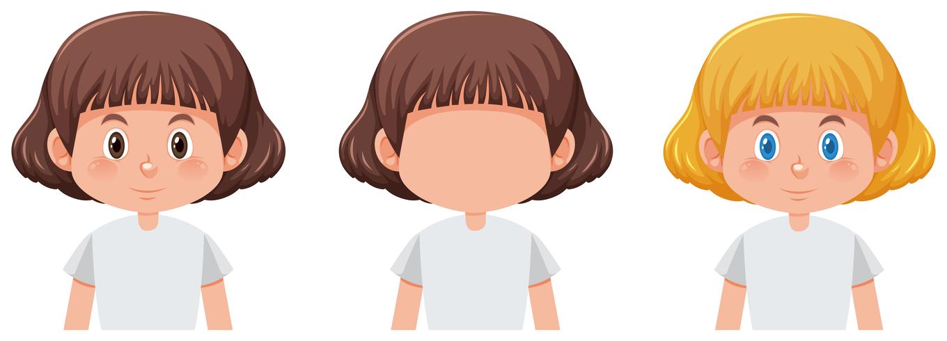 Conjunto de niña con diferente color de cabello. vector