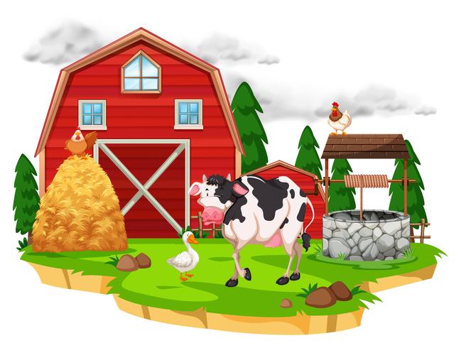 Escena con animales de granja en la granja. vector