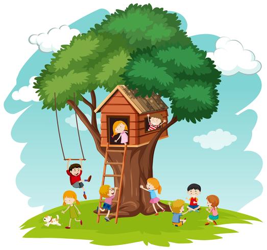 Children at tree house vector