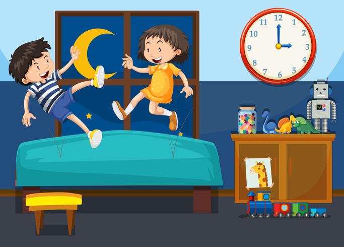 Niño y niña jugando en la cama vector