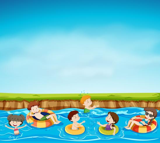 Grupo de niños jugando en el lago vector