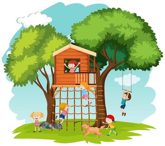 Children playing at tree house vector