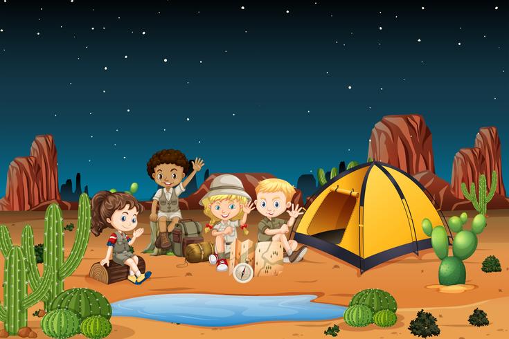 Camping niños en el desierto por la noche. vector