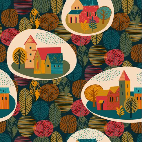 Vector seamless pattern of city in the rain. Autumn mood.