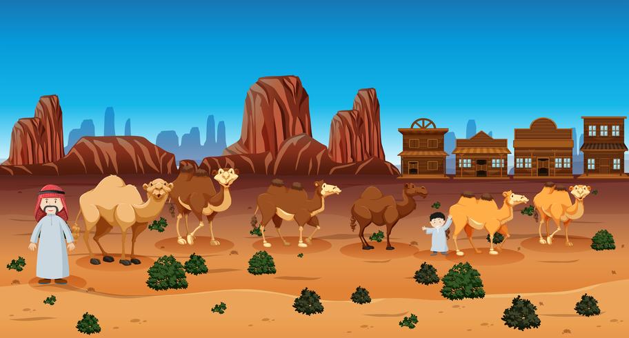 Escena del desierto con gente y camellos. vector