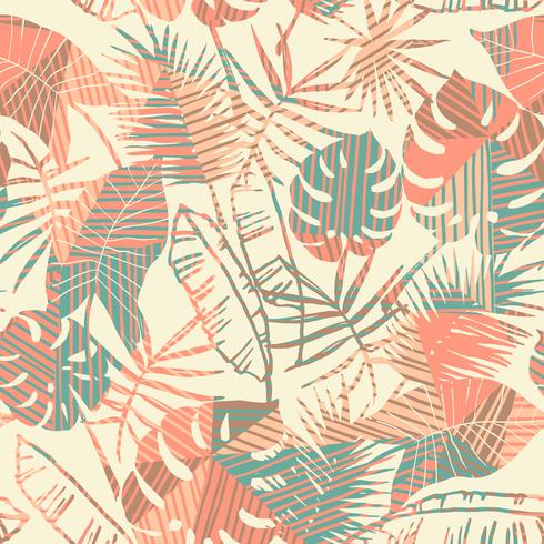 Seamless exotic pattern with tropical plants and geometric background. vector