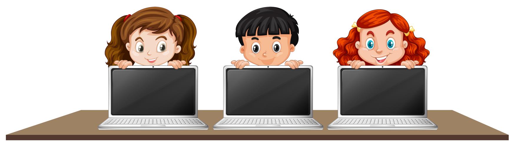 Children with Laptop on White Background vector