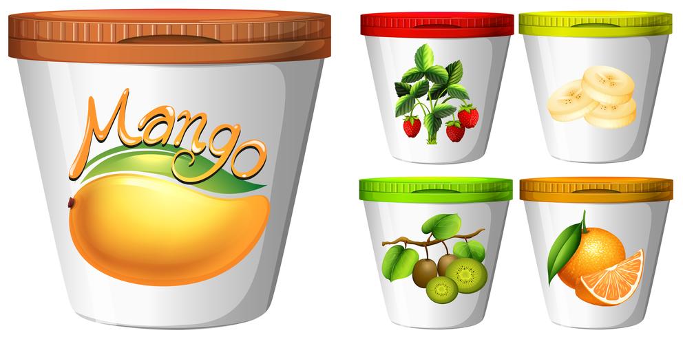 Cinco tazas de yogur con frutas. vector