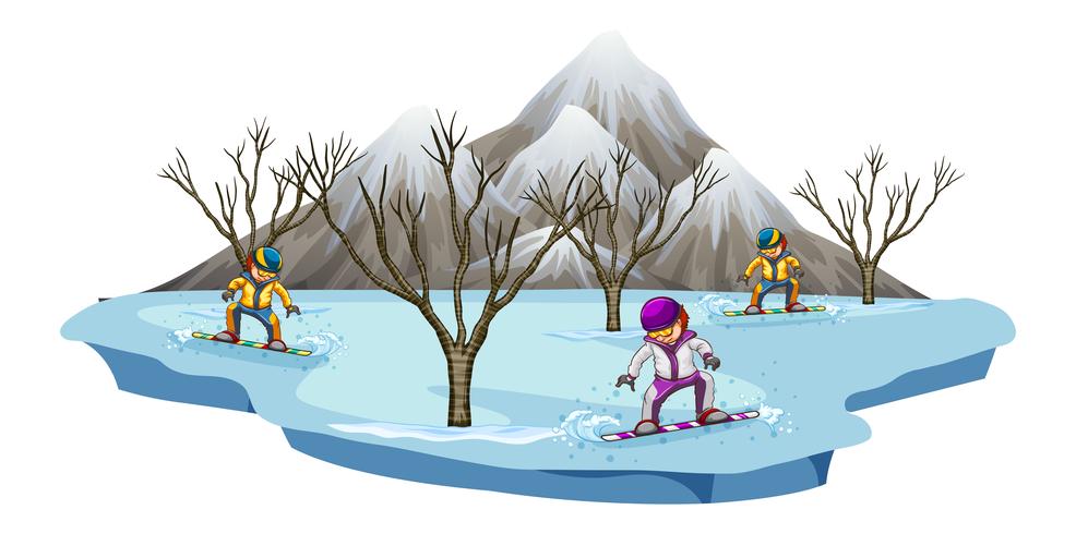 Tres hombres snowboard en campo de nieve vector