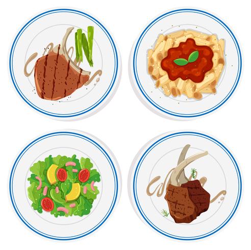 Four types of  food on round plates vector