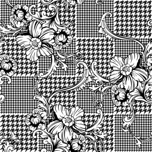 Eclectic fabric plaid seamless pattern with baroque ornament. vector