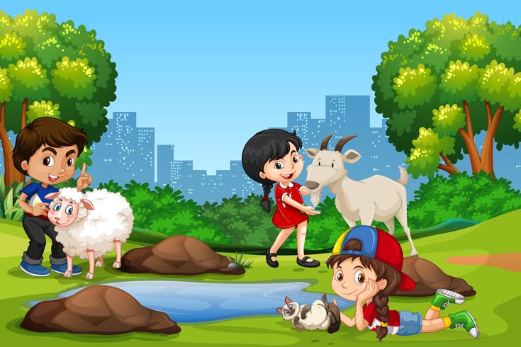 Grupo de niños y animales en el parque. vector