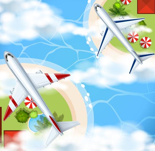 Two airplanes flying over the river park - Download Free Vector Art, Stock Graphics & Images