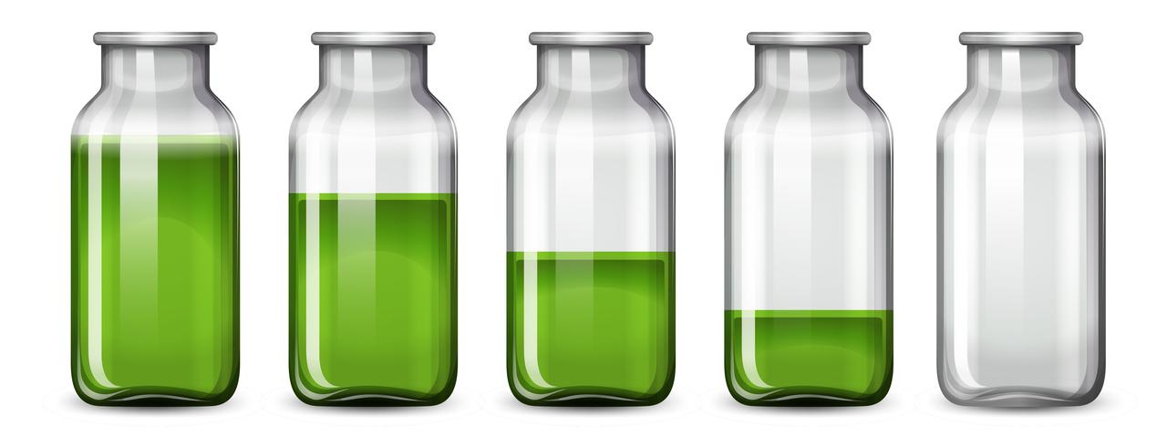 Conjunto de líquido verde en botella. vector