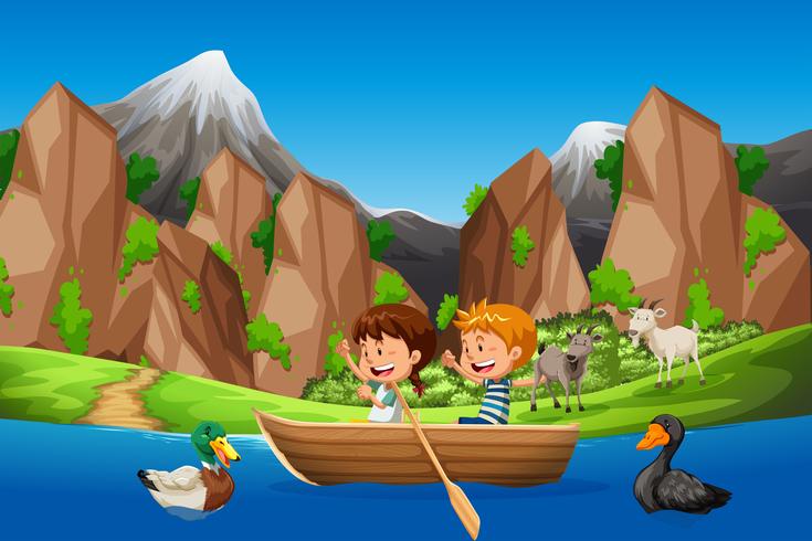 Kids paddle boat in nature - Download Free Vector Art, Stock Graphics & Images