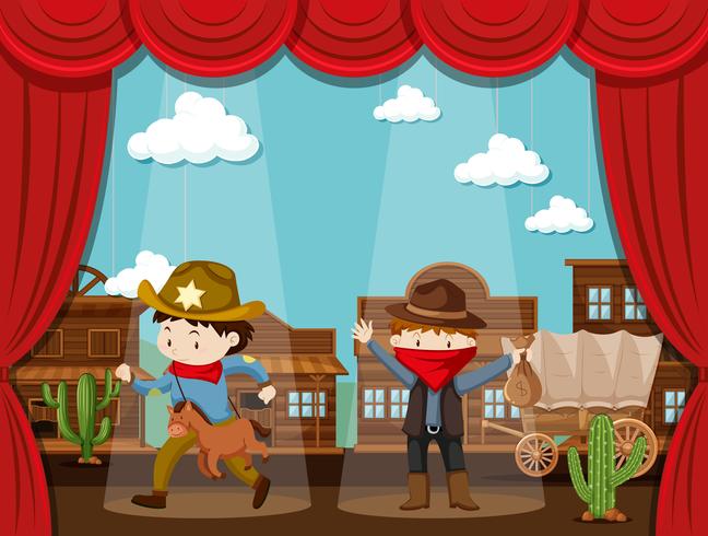 Pueblo vaquero en el escenario con dos niños actuando vector